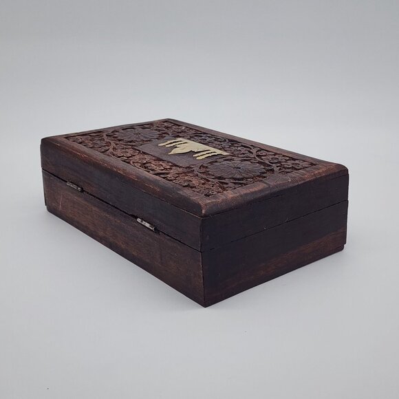 Hand Carved Wooden Trinket Jewelry Box With Brass Taj Mahal Vintage VTG - Picture 6 of 9